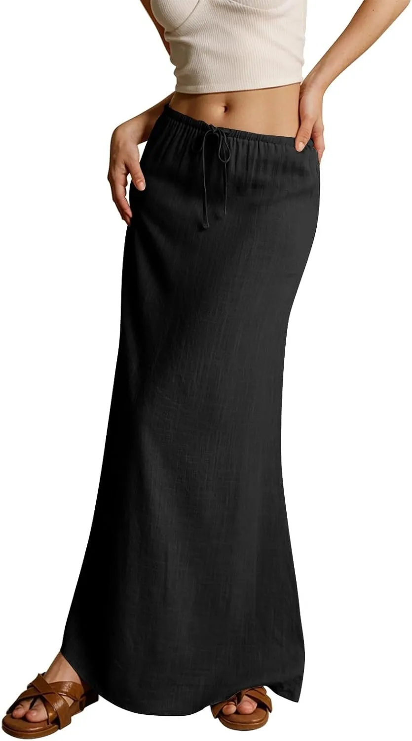 Rvidbe Maxi Skirts for Women Summer Casual Vacation Boho Elastic Waist Drawstring Cotton Linen Flowy Ankle-Length Skirt