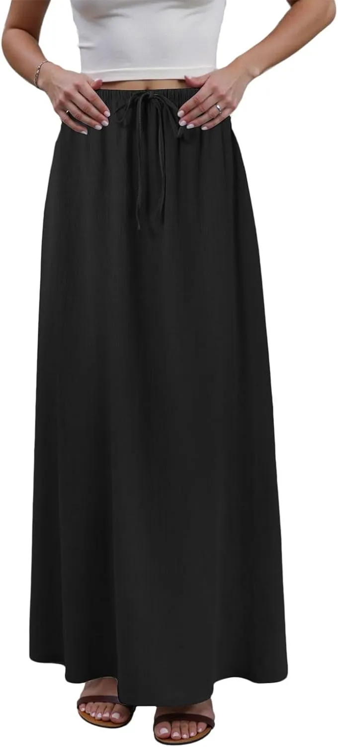 Rvidbe Maxi Skirts for Women Summer Casual Vacation Boho Elastic Waist Drawstring Cotton Linen Flowy Ankle-Length Skirt