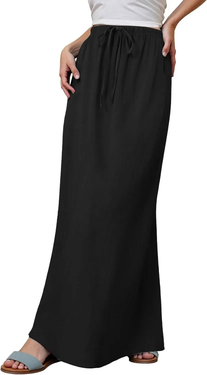 Rvidbe Maxi Skirts for Women Summer Casual Vacation Boho Elastic Waist Drawstring Cotton Linen Flowy Ankle-Length Skirt