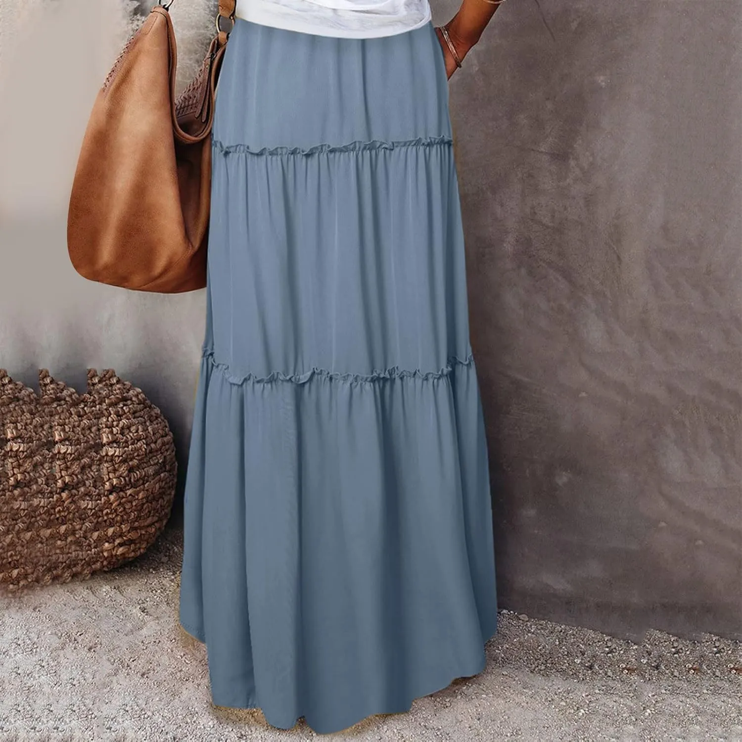 Rvidbe Women's Summer Casual Vacation Boho Maxi Skirt A-Line Flowy Ruffle Tiered Elastic High Waisted Floral Print Long Skirt