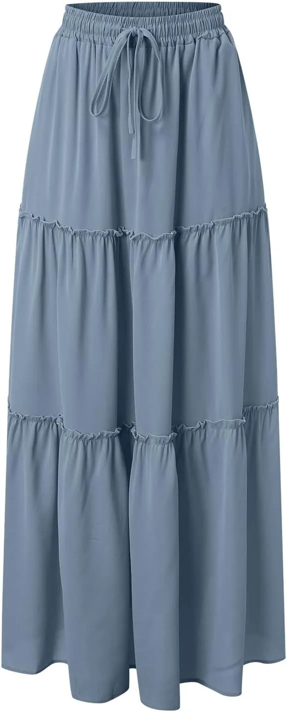 Rvidbe Women's Summer Casual Vacation Boho Maxi Skirt A-Line Flowy Ruffle Tiered Elastic High Waisted Floral Print Long Skirt