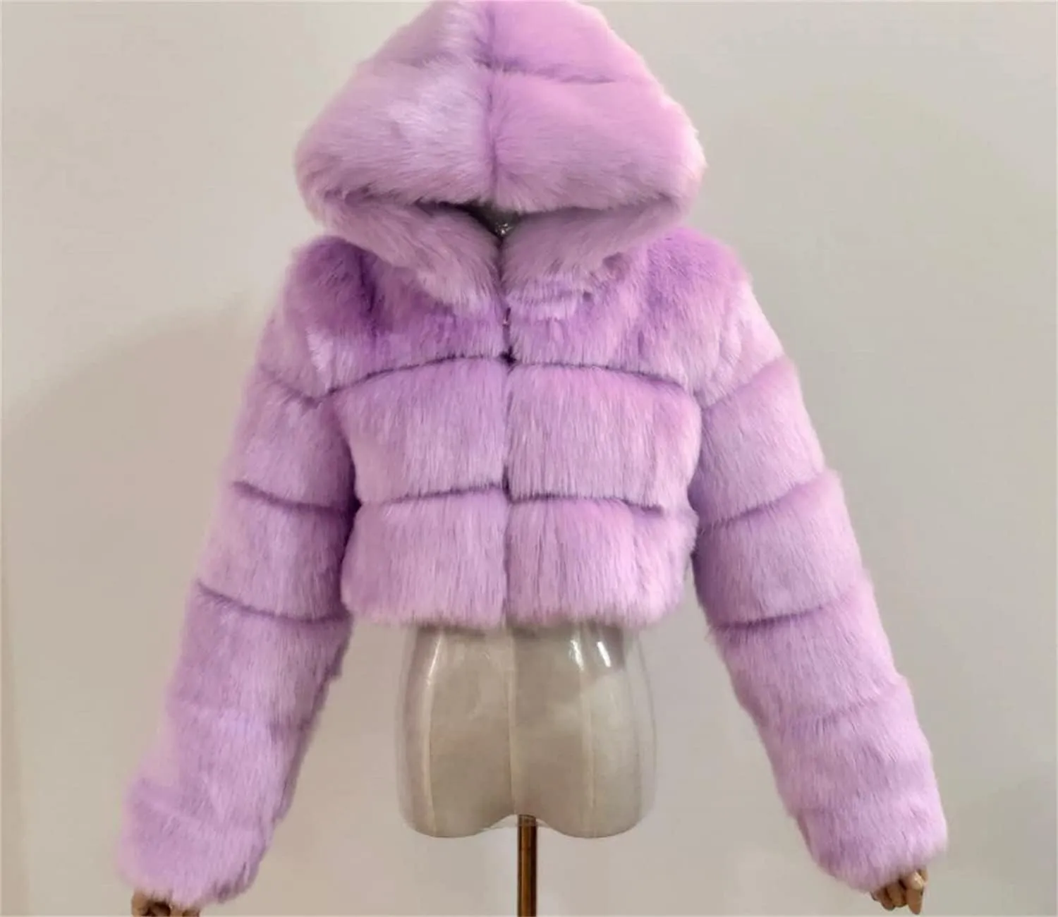 SACFOF Women's Winter Warm Jacket Faux Fur Hooded Jacket Long Sleeve Sexy Short Coat Winter Cropped Shearling Furry Overcoat