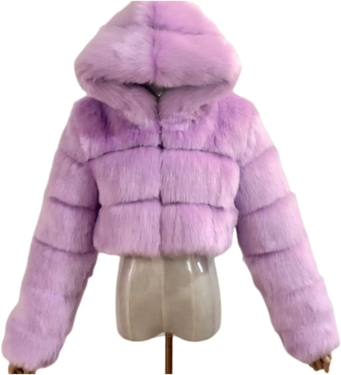 SACFOF Women's Winter Warm Jacket Faux Fur Hooded Jacket Long Sleeve Sexy Short Coat Winter Cropped Shearling Furry Overcoat