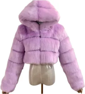 SACFOF Women's Winter Warm Jacket Faux Fur Hooded Jacket Long Sleeve Sexy Short Coat Winter Cropped Shearling Furry Overcoat
