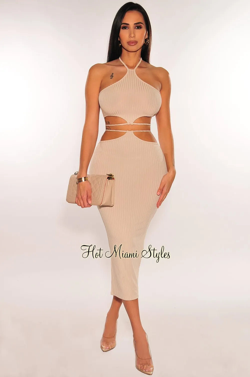 Sand Ribbed Halter Cut Out Tie Up Skirt Two Piece Set