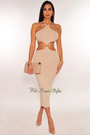 Sand Ribbed Halter Cut Out Tie Up Skirt Two Piece Set