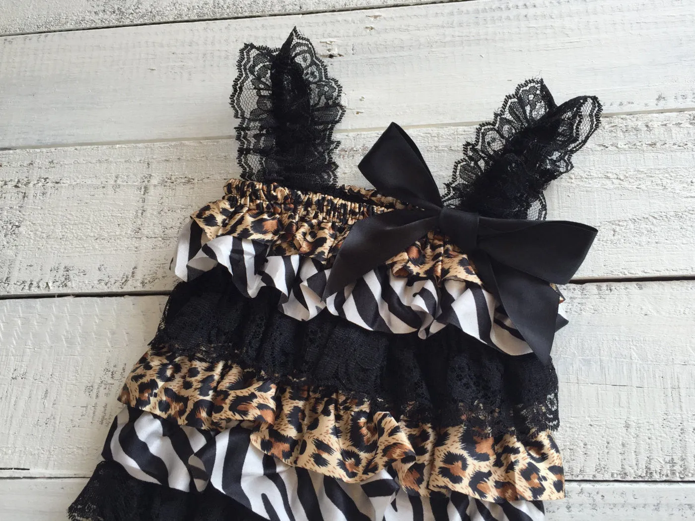 Satin and Lace Petti Romper - Zebra and Leopard Animal Print Satin & Black Lace