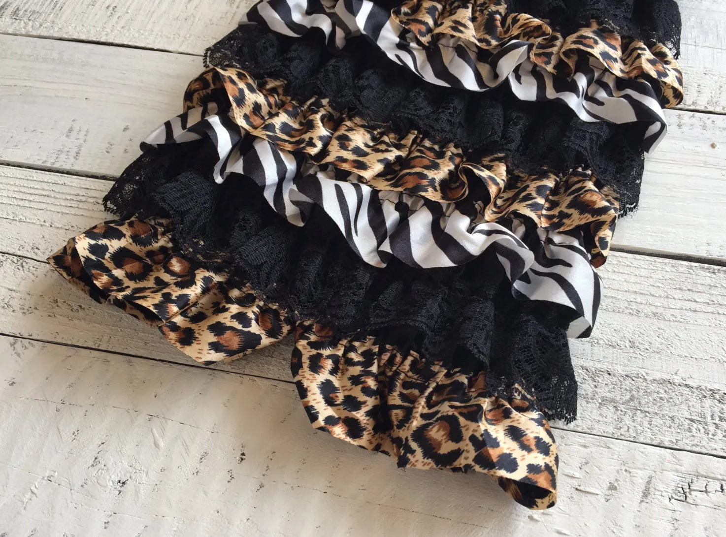 Satin and Lace Petti Romper - Zebra and Leopard Animal Print Satin & Black Lace