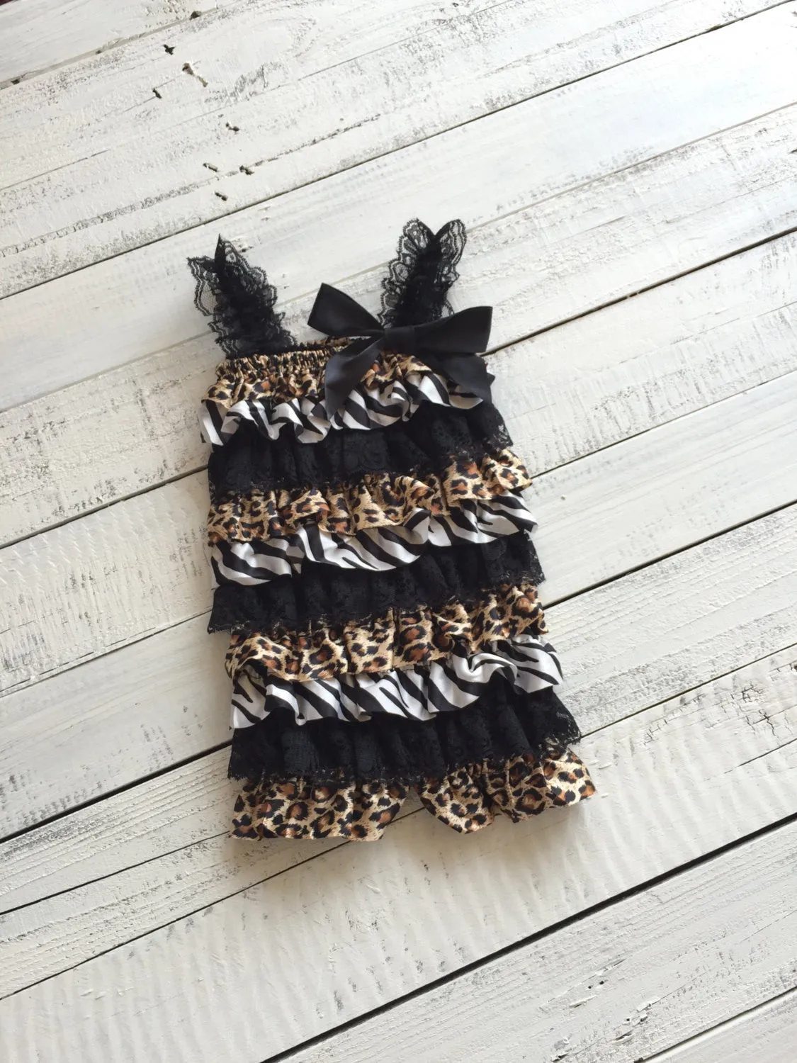 Satin and Lace Petti Romper - Zebra and Leopard Animal Print Satin & Black Lace