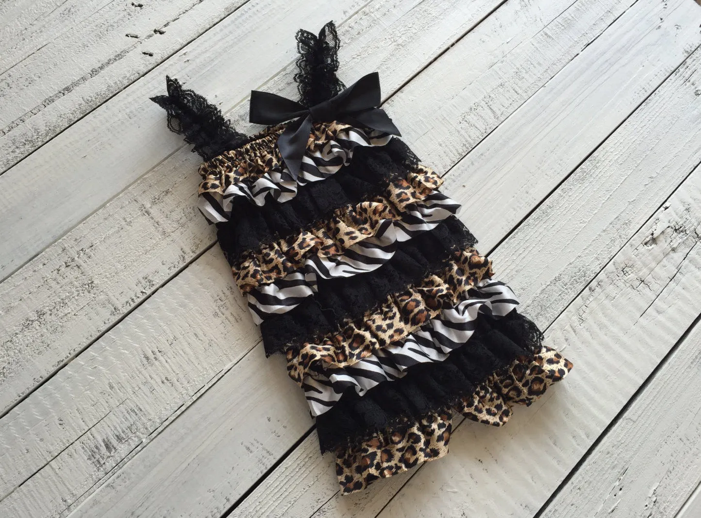 Satin and Lace Petti Romper - Zebra and Leopard Animal Print Satin & Black Lace