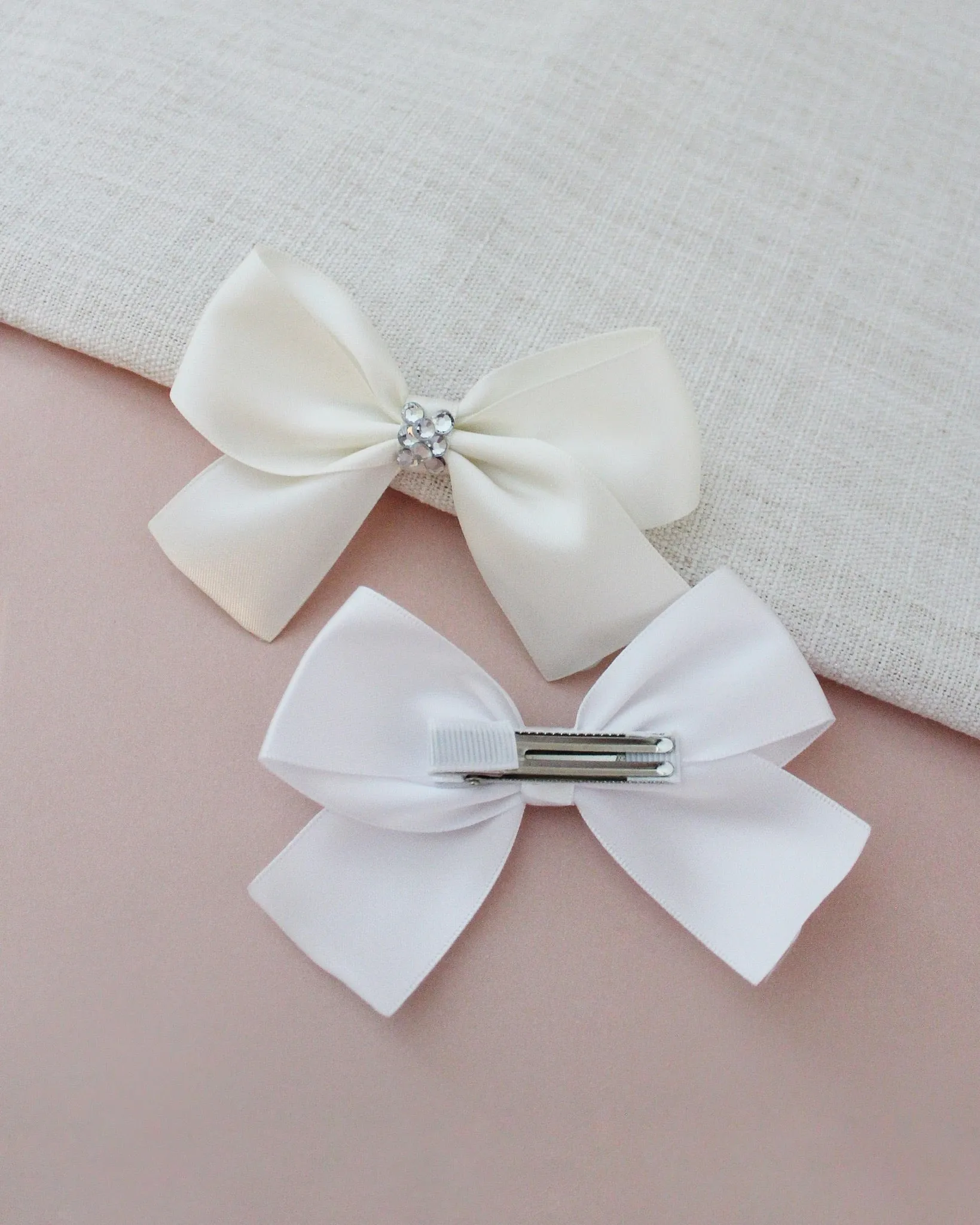 Satin Hair Bows with Rhinestones Center