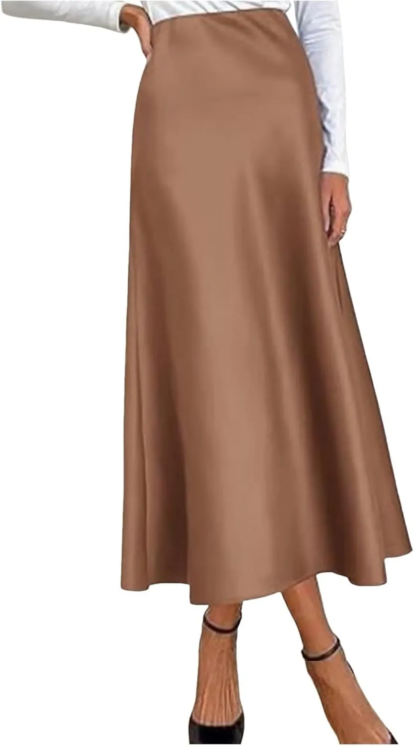 Satin Maxi Skirts for Women Elegant Elastic Waisted Flowy A-Line Swing Ruffle Long Skirt 2025 Summer Clothes