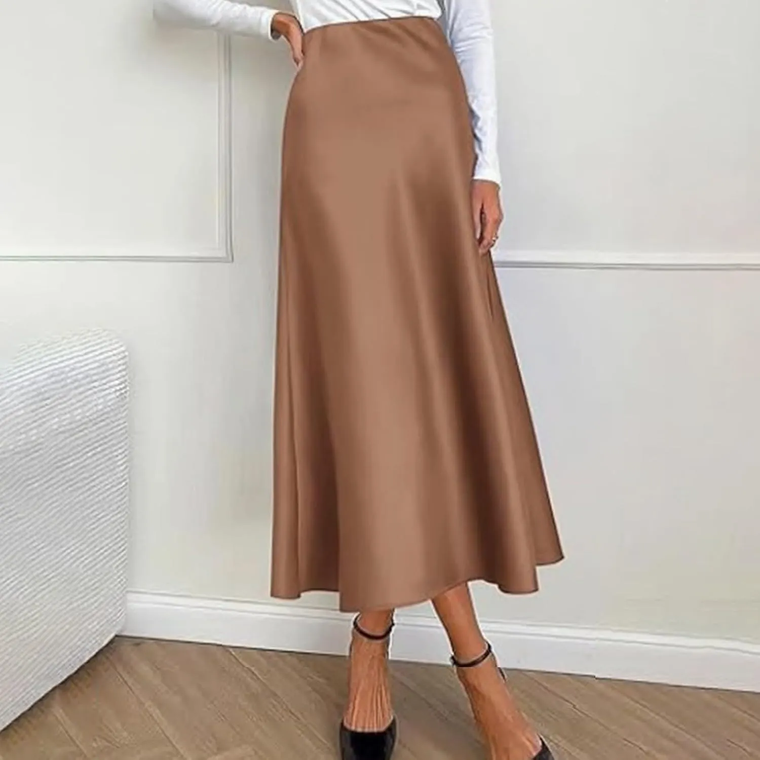 Satin Maxi Skirts for Women Elegant Elastic Waisted Flowy A-Line Swing Ruffle Long Skirt 2025 Summer Clothes