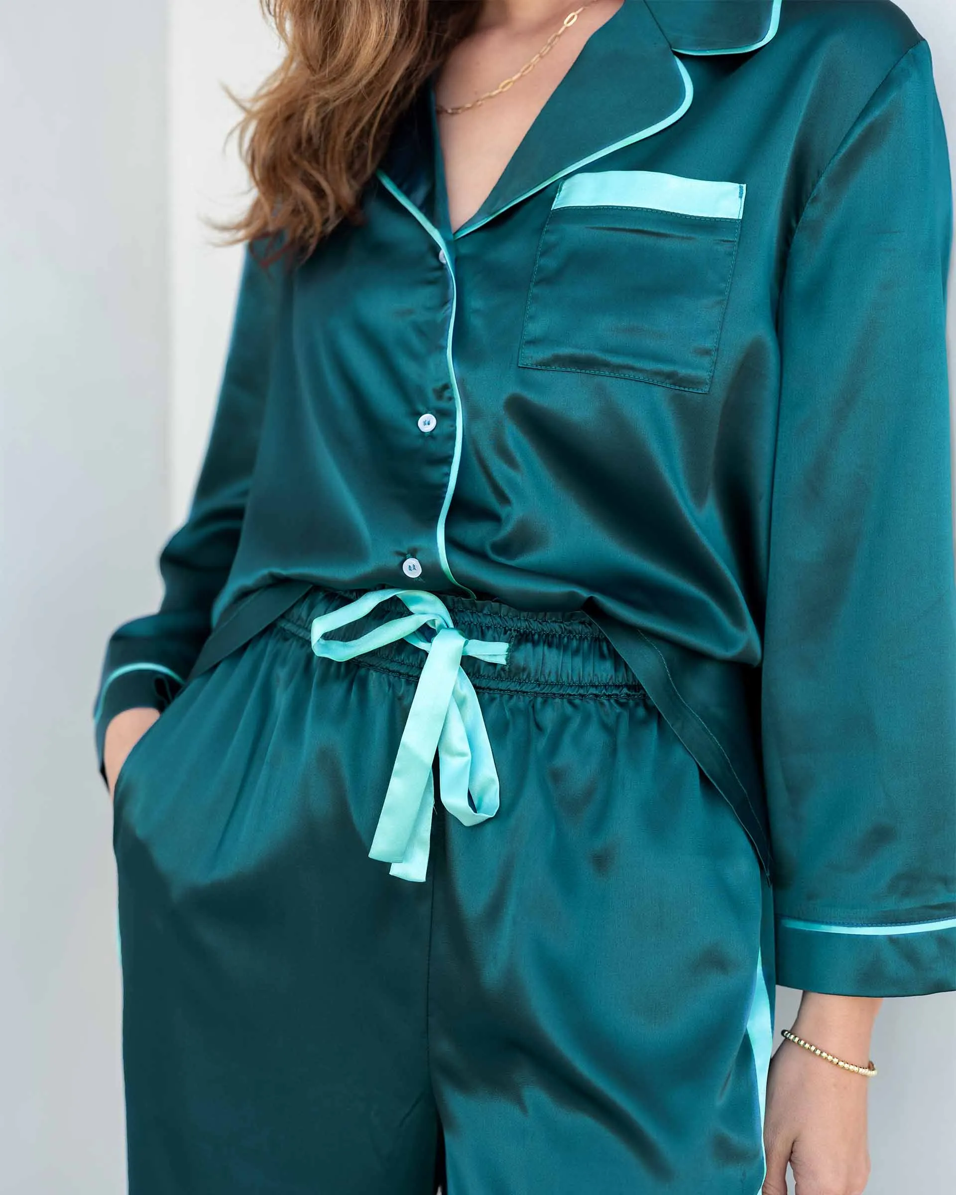 Satin Sailors Pajama Set - Teal
