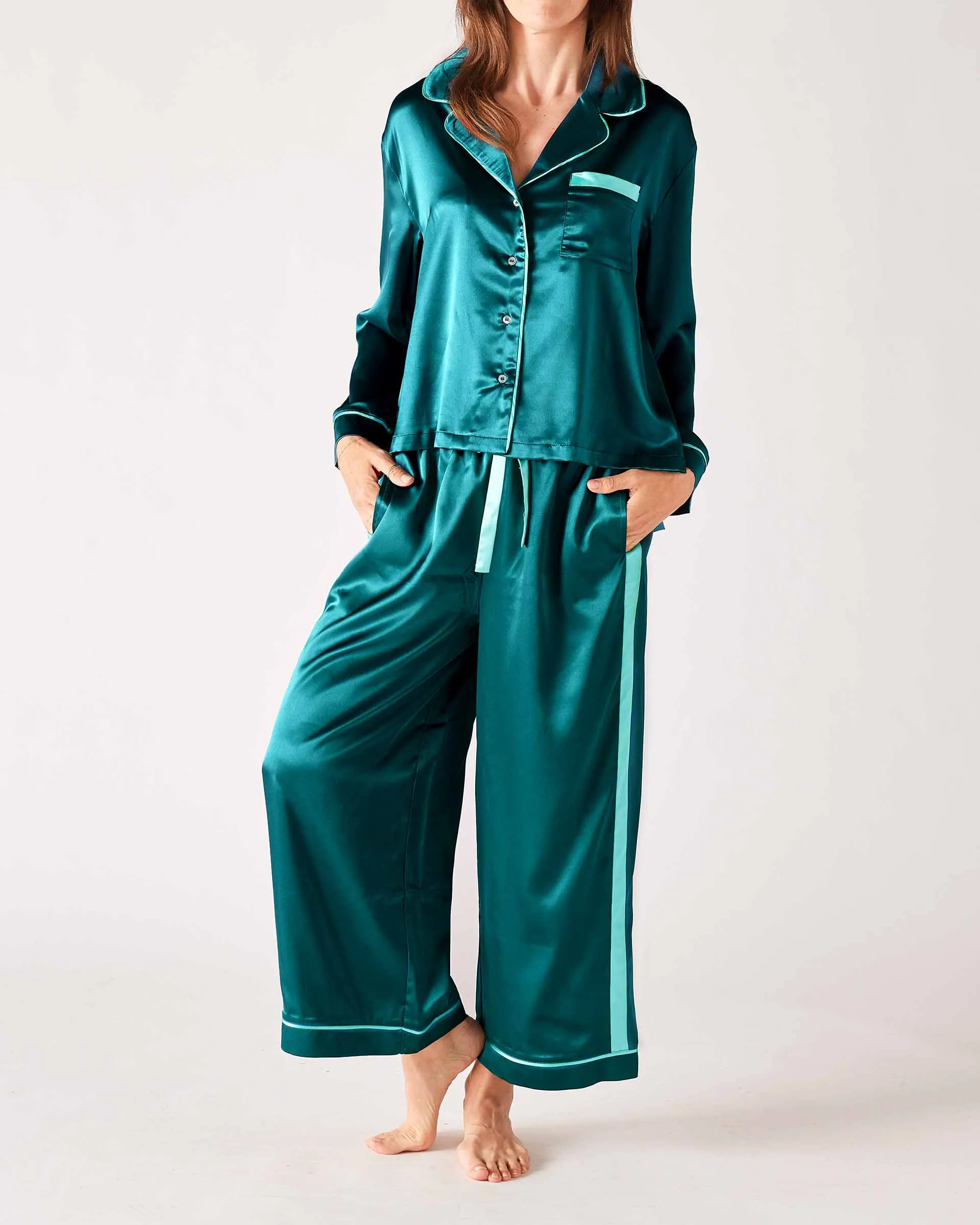 Satin Sailors Pajama Set - Teal