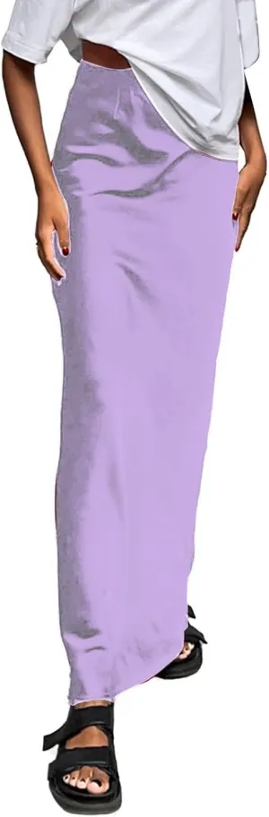 Satin Skirts for Women Elegant Elastic High Waist Business Casual Flowy A Line Bodycon Maxi Long Skirt Dresses