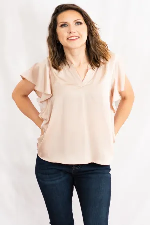 Satin Split V-Neck Ruffle Sleeve Top by Umgee Clothing