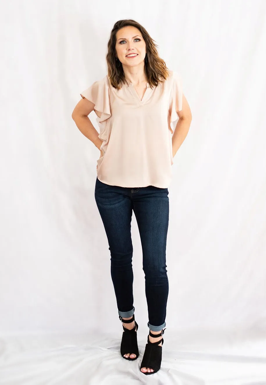 Satin Split V-Neck Ruffle Sleeve Top by Umgee Clothing