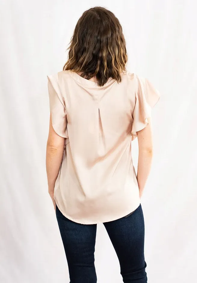Satin Split V-Neck Ruffle Sleeve Top by Umgee Clothing