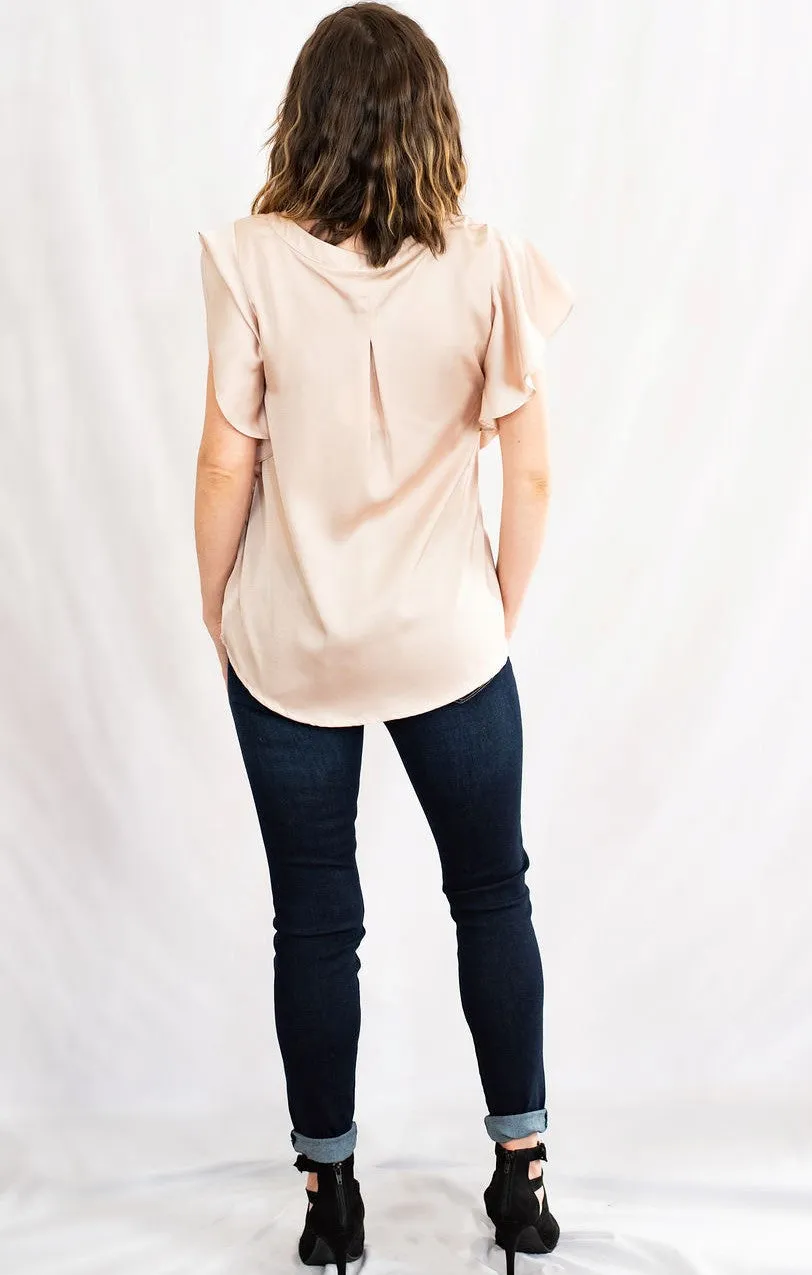 Satin Split V-Neck Ruffle Sleeve Top by Umgee Clothing