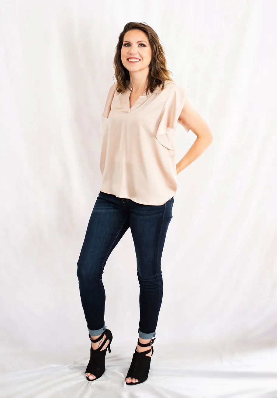 Satin Split V-Neck Ruffle Sleeve Top by Umgee Clothing