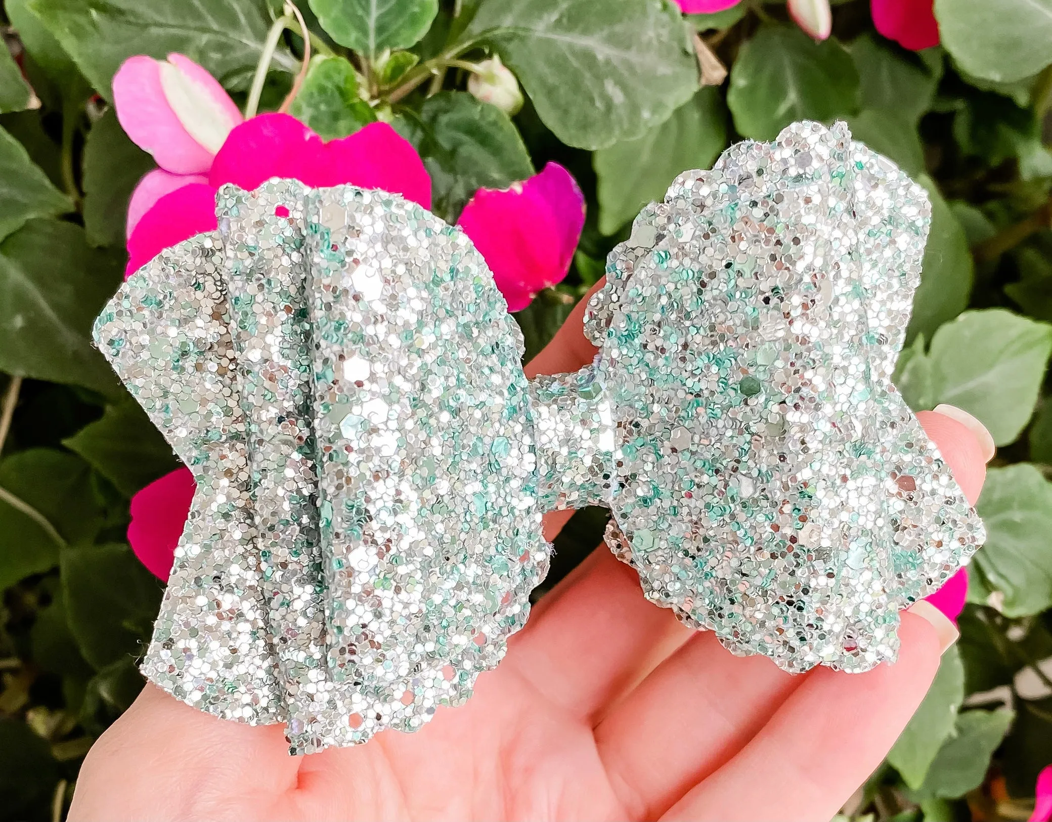 Scalloped Teal Silver Bliss Glitter Mix Bow Headband | Hair Clip