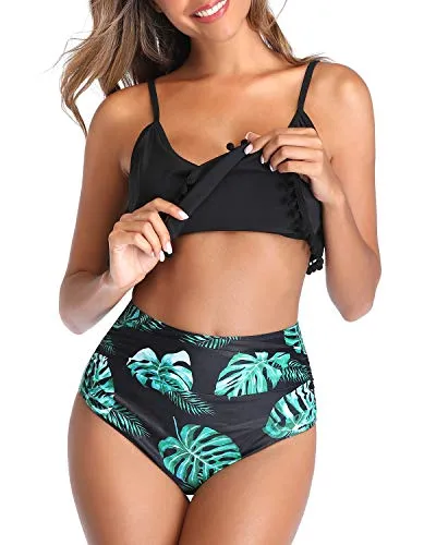 Scoop Neckline Padded Bras High Waisted Bikini-Black Leaf