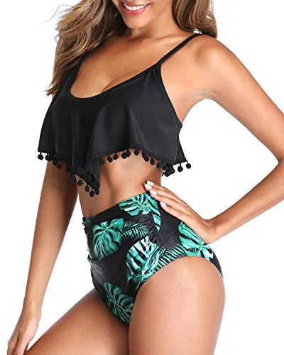 Scoop Neckline Padded Bras High Waisted Bikini-Black Leaf