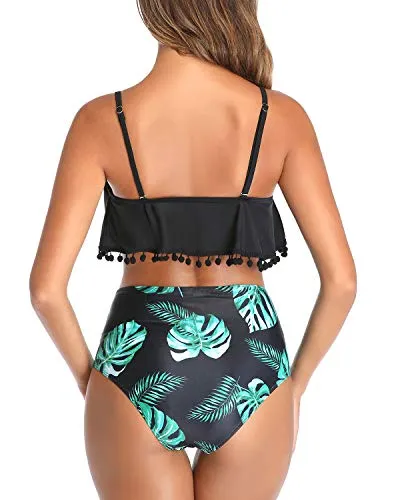 Scoop Neckline Padded Bras High Waisted Bikini-Black Leaf