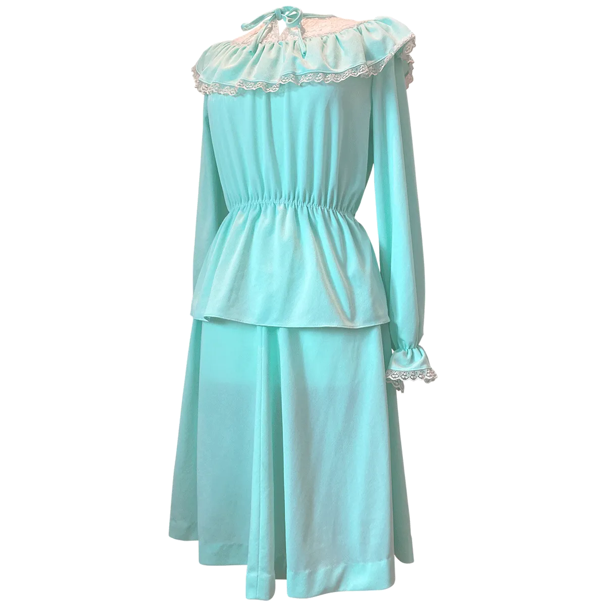 Seafoam green vintage late 1970s prairie style top and skirt suit
