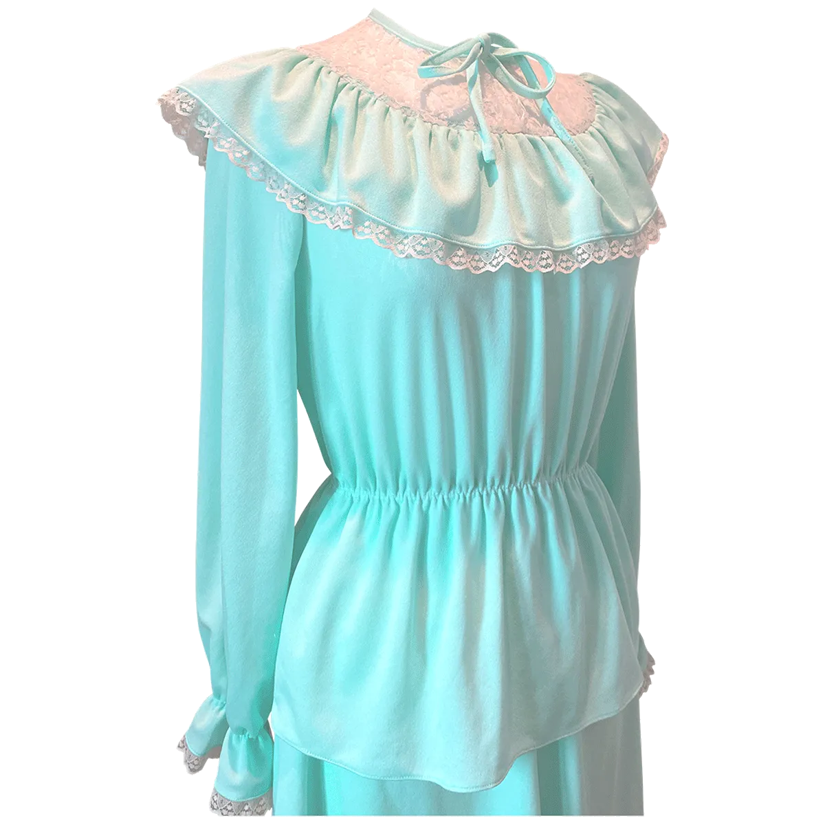Seafoam green vintage late 1970s prairie style top and skirt suit