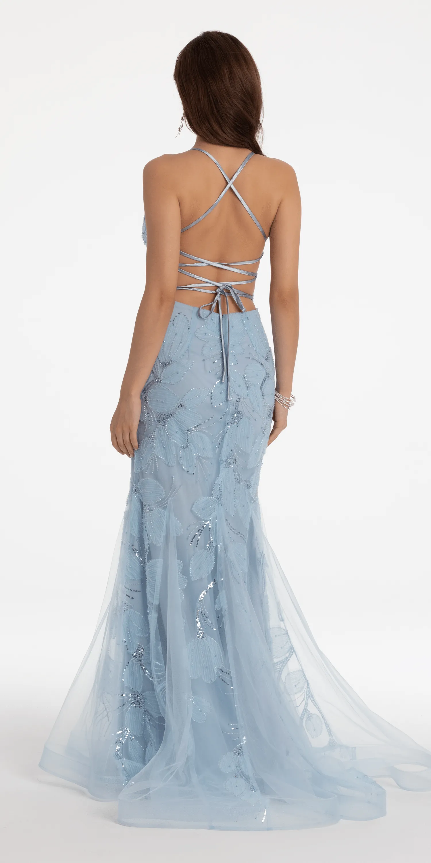 Sequin Floral Mesh Lace Up Back Mermaid Dress
