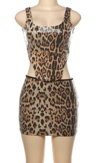 Sequin Leopard Print Bustier Top & Mini Skirt Set
