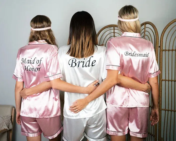 Set of 7 Custom Satin Bridesmaids Pajamas for Sleepover Bachelorette Party - Short   short