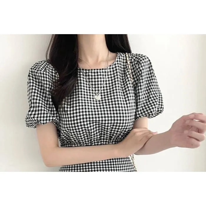 Set: Puff Sleeve Crew Neck Plaid Crop Top   High Rise Midi A-Line Skirt
