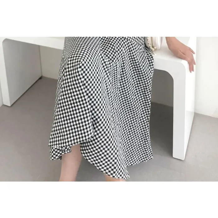 Set: Puff Sleeve Crew Neck Plaid Crop Top   High Rise Midi A-Line Skirt
