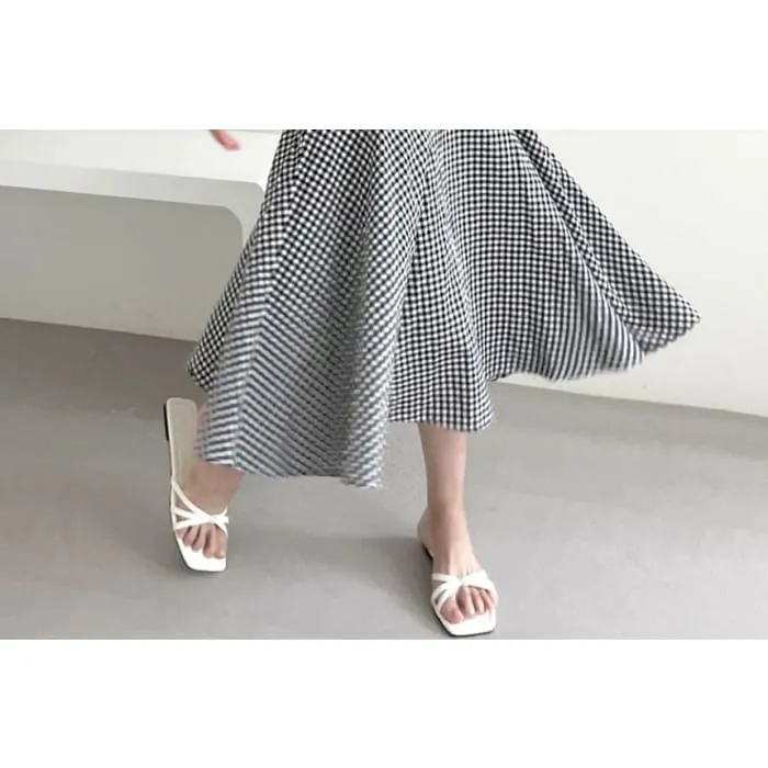 Set: Puff Sleeve Crew Neck Plaid Crop Top   High Rise Midi A-Line Skirt