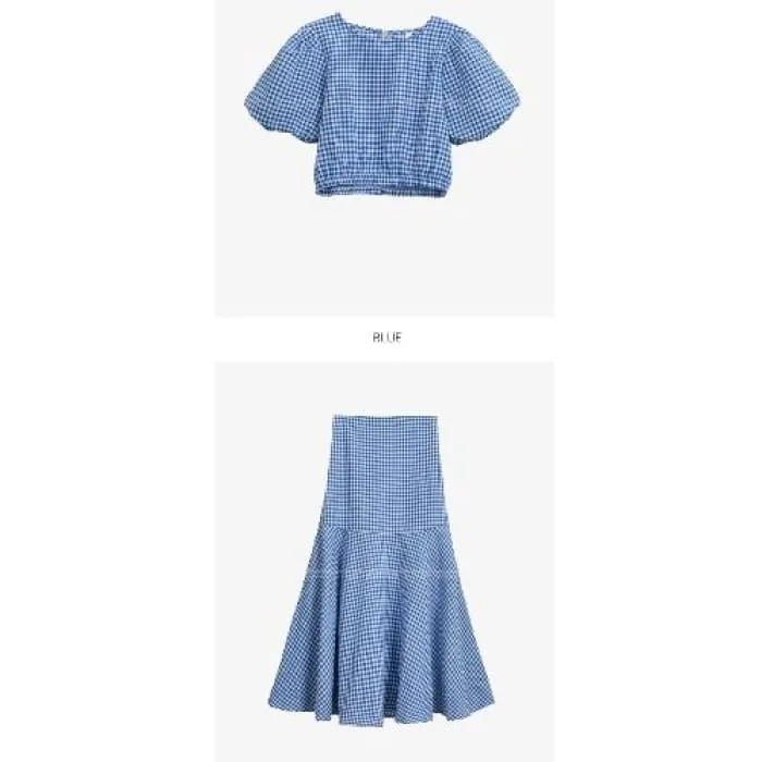 Set: Puff Sleeve Crew Neck Plaid Crop Top   High Rise Midi A-Line Skirt