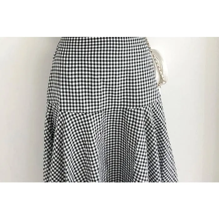 Set: Puff Sleeve Crew Neck Plaid Crop Top   High Rise Midi A-Line Skirt