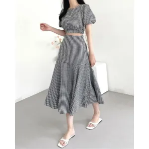 Set: Puff Sleeve Crew Neck Plaid Crop Top   High Rise Midi A-Line Skirt