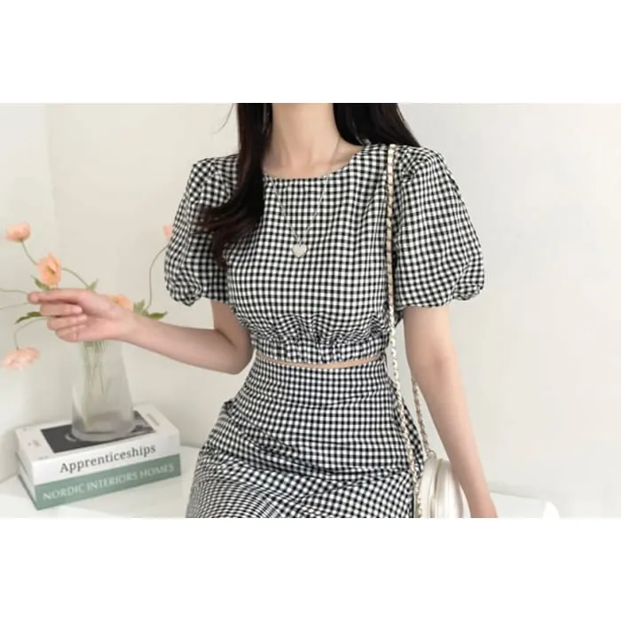 Set: Puff Sleeve Crew Neck Plaid Crop Top   High Rise Midi A-Line Skirt