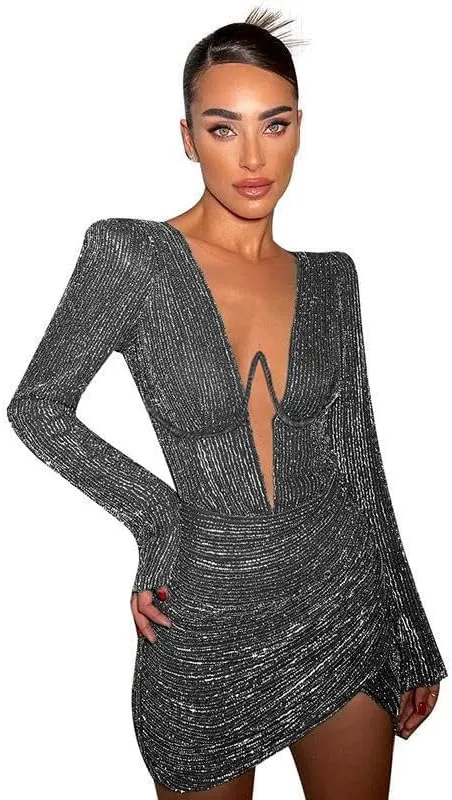 Sexy Black Bodycon Cocktail Short Dresses 2024 Long Sleeve Deep V Ruched Wrap Dresses Irregular Hem Smocked Petite Dress for Women Date Night -Black||M