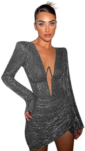 Sexy Black Bodycon Cocktail Short Dresses 2024 Long Sleeve Deep V Ruched Wrap Dresses Irregular Hem Smocked Petite Dress for Women Date Night -Black||M
