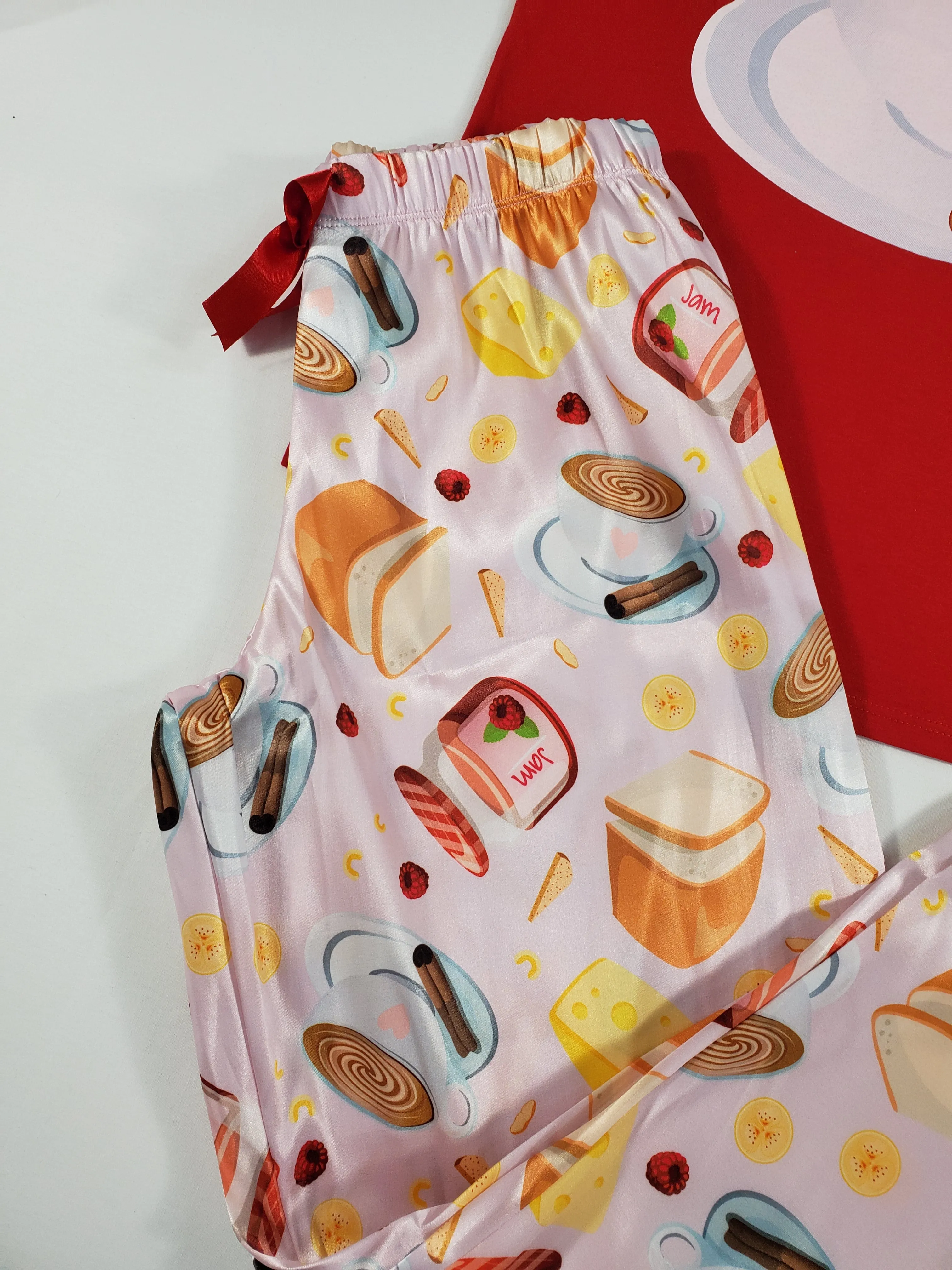 Sexy cinnamon satin Women's pajama pants with red shirt breakfast and coffee theme