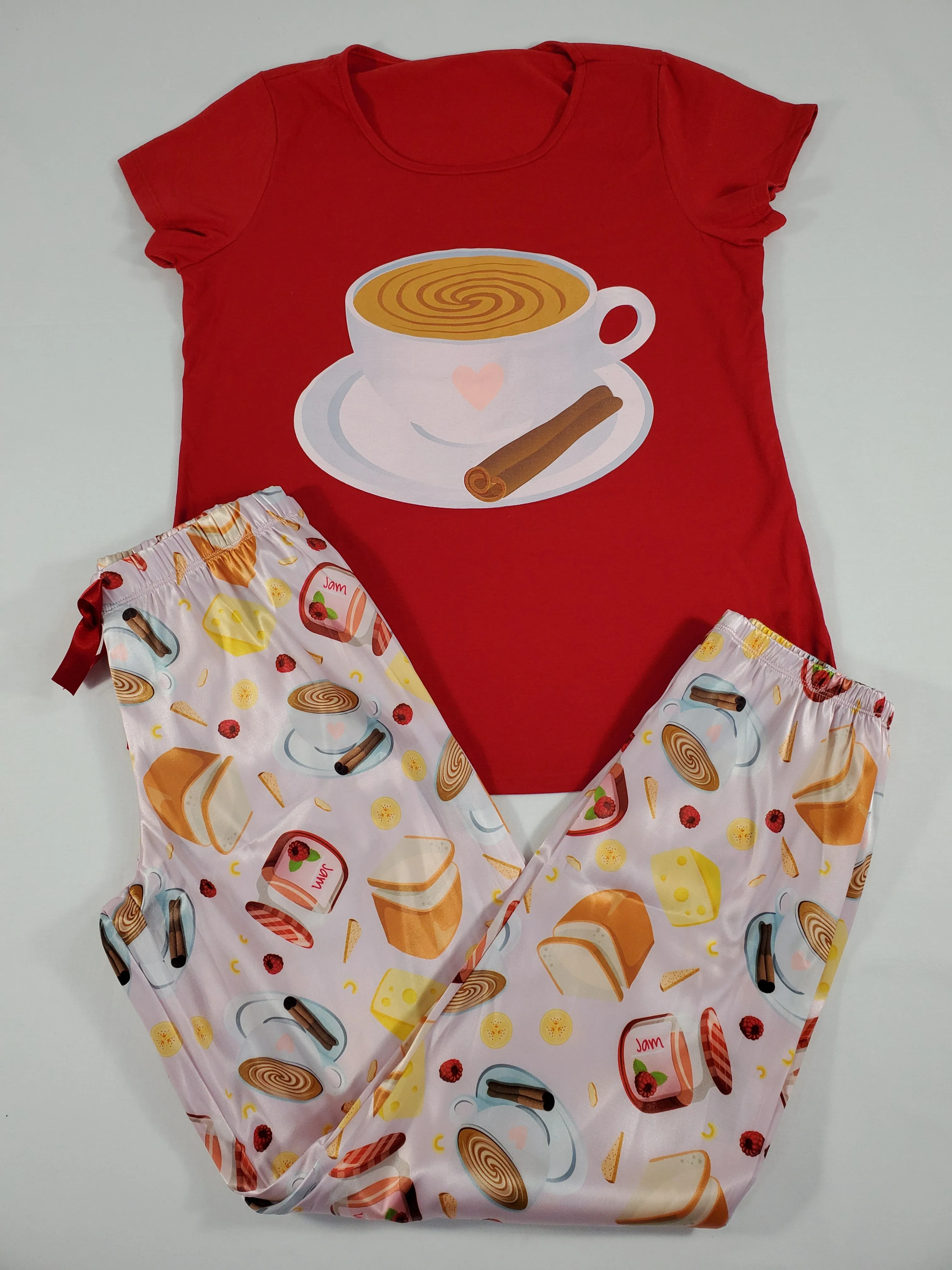 Sexy cinnamon satin Women's pajama pants with red shirt breakfast and coffee theme