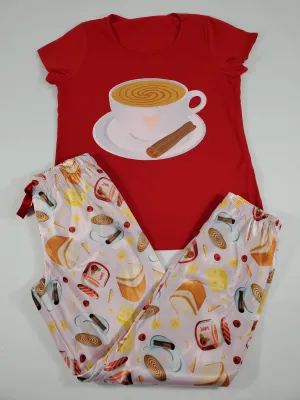 Sexy cinnamon satin Women's pajama pants with red shirt breakfast and coffee theme