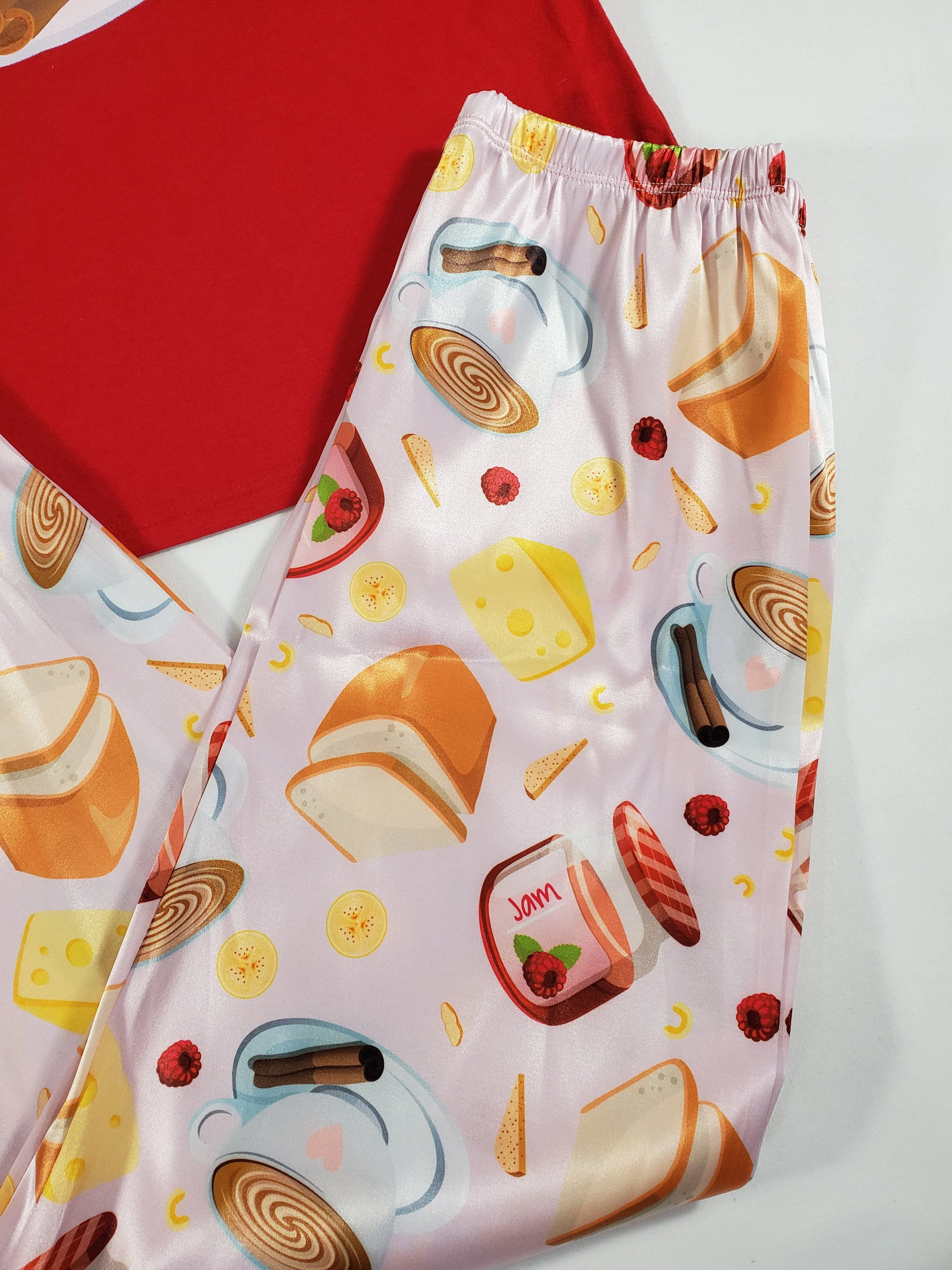Sexy cinnamon satin Women's pajama pants with red shirt breakfast and coffee theme