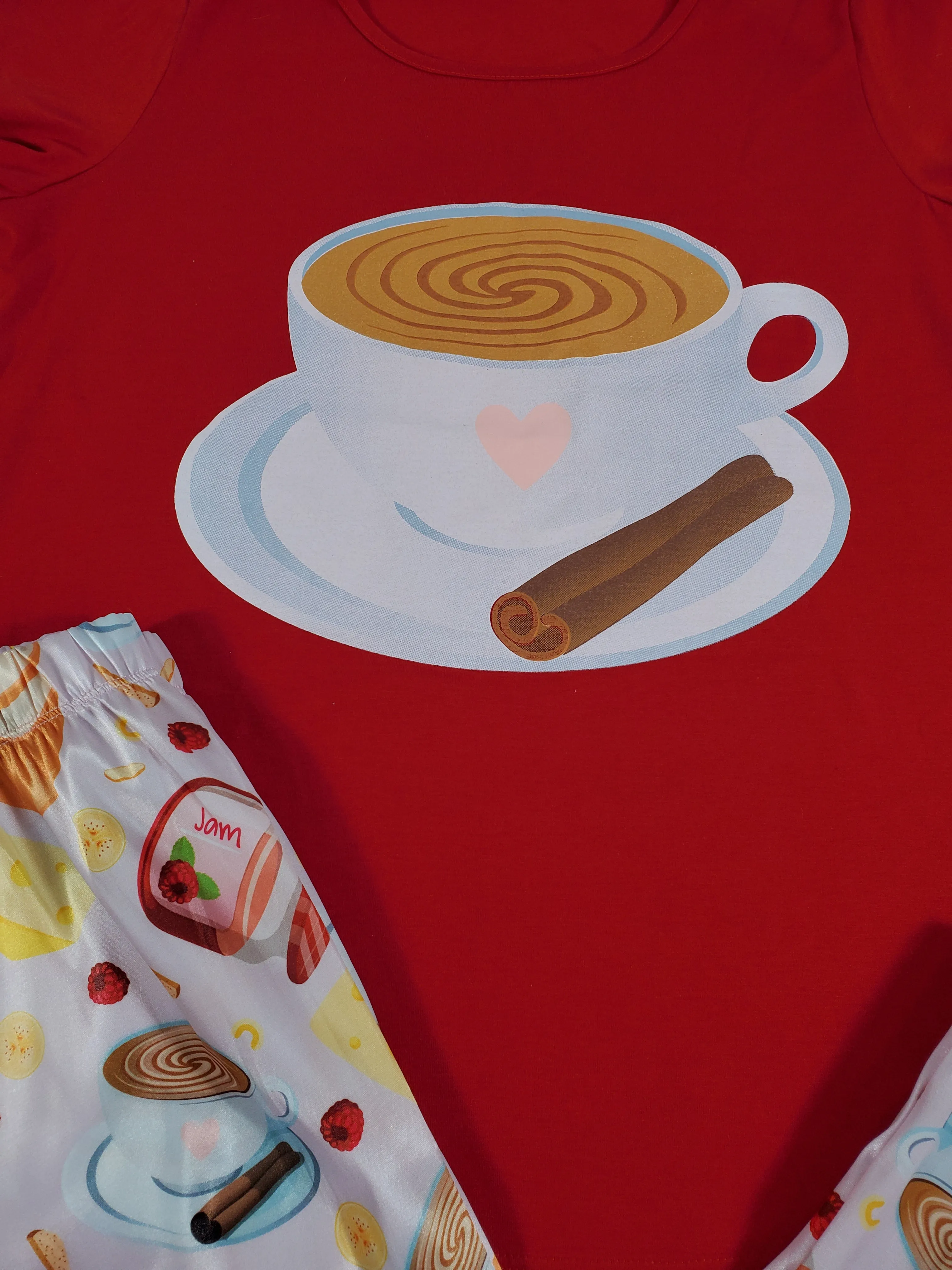 Sexy cinnamon satin Women's pajama pants with red shirt breakfast and coffee theme