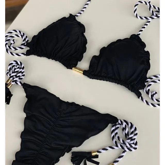 Sexy Pleated Micro Bikini 2022 Biquinis Feminino Swimsuit Solid Bikini Set String Swimwear