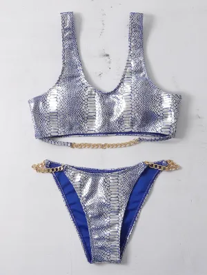 Sexy Snakeskin Print Chain Scoop Neck Women Bikini Sets